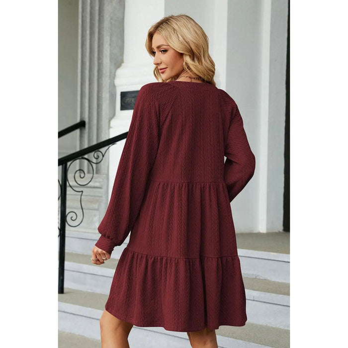 Notched Neck Long Sleeve Mini Dress