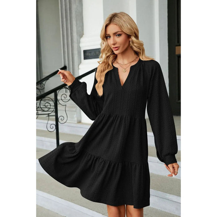 Notched Neck Long Sleeve Mini Dress