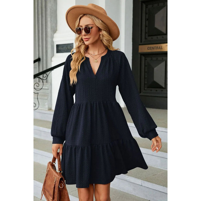 Notched Neck Long Sleeve Mini Dress