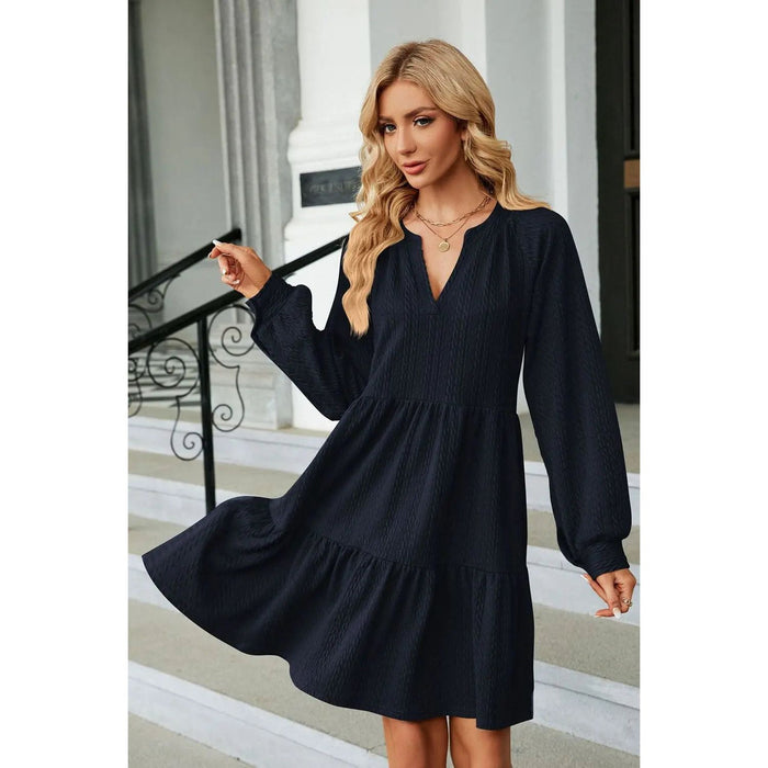 Notched Neck Long Sleeve Mini Dress