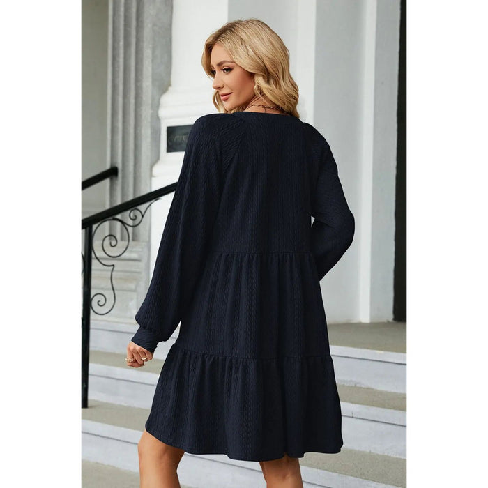 Notched Neck Long Sleeve Mini Dress