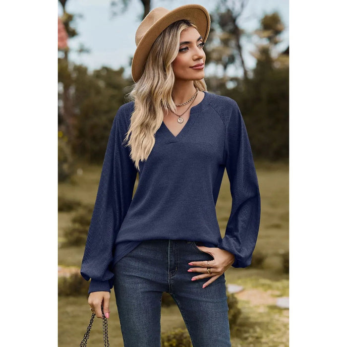 Notched Neck Raglan Sleeve Blouse