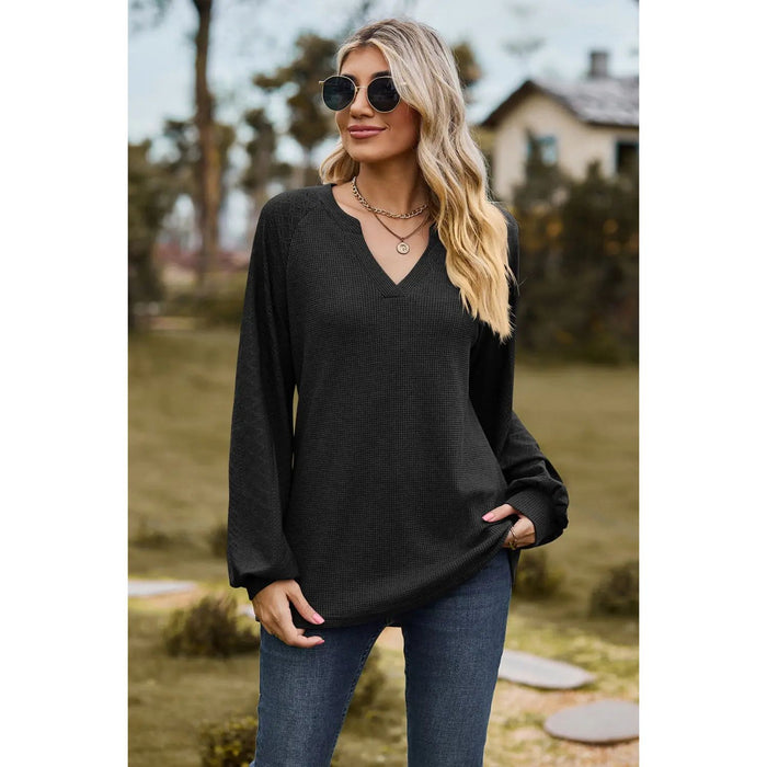 Notched Neck Raglan Sleeve Blouse