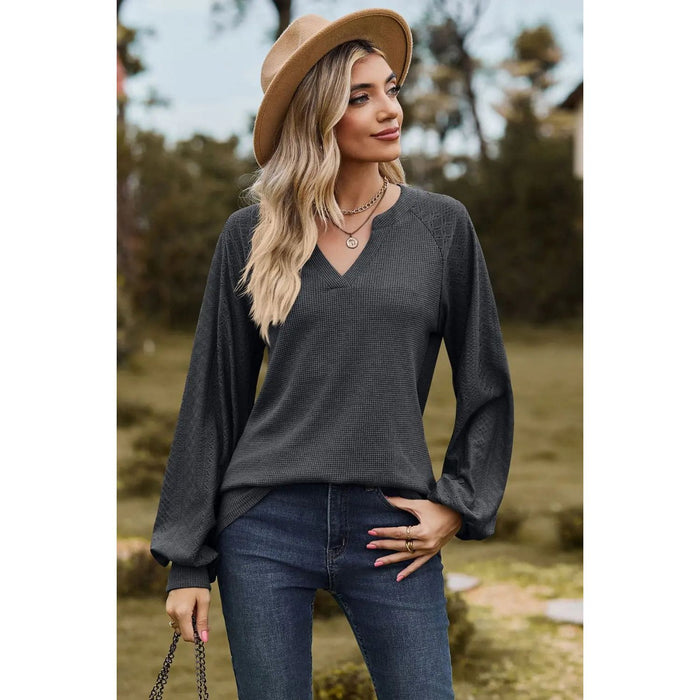 Notched Neck Raglan Sleeve Blouse