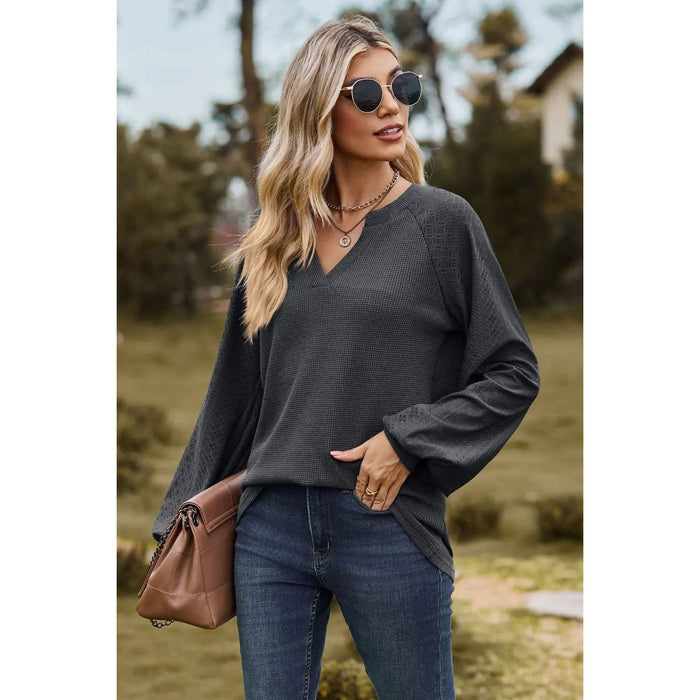 Notched Neck Raglan Sleeve Blouse