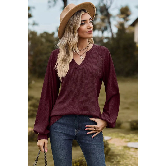 Notched Neck Raglan Sleeve Blouse