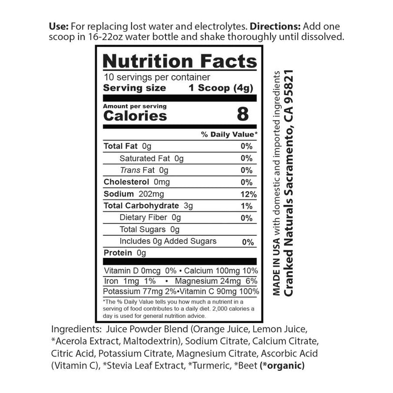 Cranked Naturals Plant Based Sports Nutrition Pure Hydration Orange-Citrus: No Sugar Added Hydration