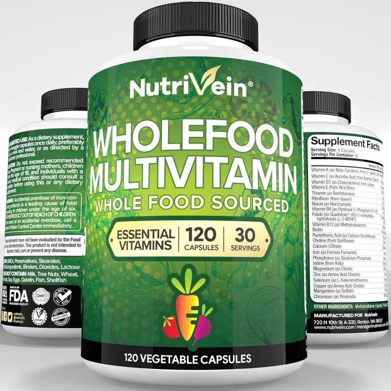 Nutrivein Nutrivein Whole Food Multivitamin for Men & Women – 120 Vegan Multivitamin Caps for Adults 30-VCX3-GNPU