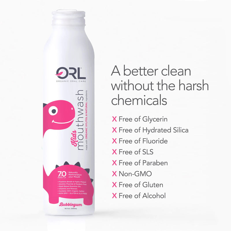 ORL Kids Mouthwash made with Organic Xylitol & Natural Ingredients KIDSMouthwash White Smoke Kids Bubble Gum