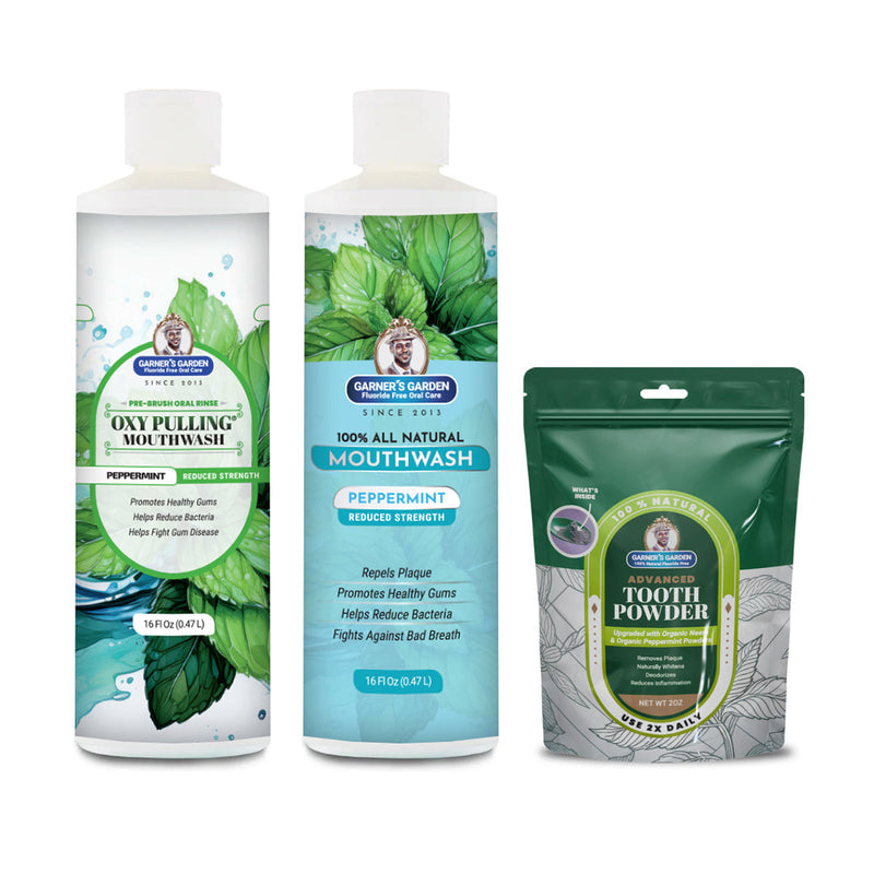 Garner's Garden Oral Care Package | Trio | H2O2 | Fluoride Free Packages White Smoke Reduced Peppermint / 2 oz Organic Tooth Powder