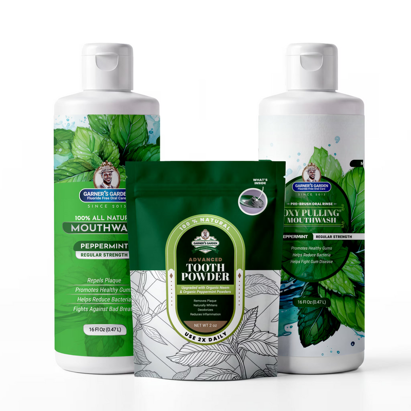 Garner's Garden Oral Care Package | Trio | H2O2 | Fluoride Free Packages White Smoke Regular Peppermint / 2 oz Regular Tooth Powder (Mineral Boost/Blue Pouch),Regular Peppermint / 2 oz Organic Tooth Powder,Regular Peppermint / 2 oz Mother of Pearl Tooth Powder,Regular Peppermint / 2 oz Chlorophyll and Mineral Tooth Powder,Reduced Peppermi