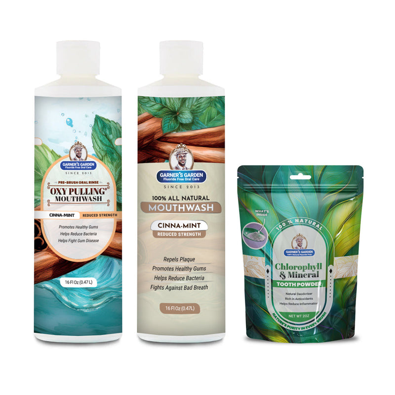Garner's Garden Oral Care Package | Trio | H2O2 | Fluoride Free Packages White Smoke Regular Peppermint / 2 oz Regular Tooth Powder (Mineral Boost/Blue Pouch),Regular Peppermint / 2 oz Organic Tooth Powder,Regular Peppermint / 2 oz Mother of Pearl Tooth Powder,Regular Peppermint / 2 oz Chlorophyll and Mineral Tooth Powder,Reduced Peppermi