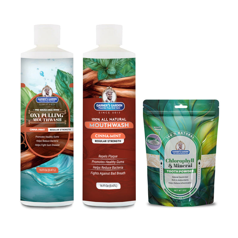 Garner's Garden Oral Care Package | Trio | H2O2 | Fluoride Free Packages White Smoke Regular Cinnamint / 2 oz Chlorophyll and Mineral Tooth Powder