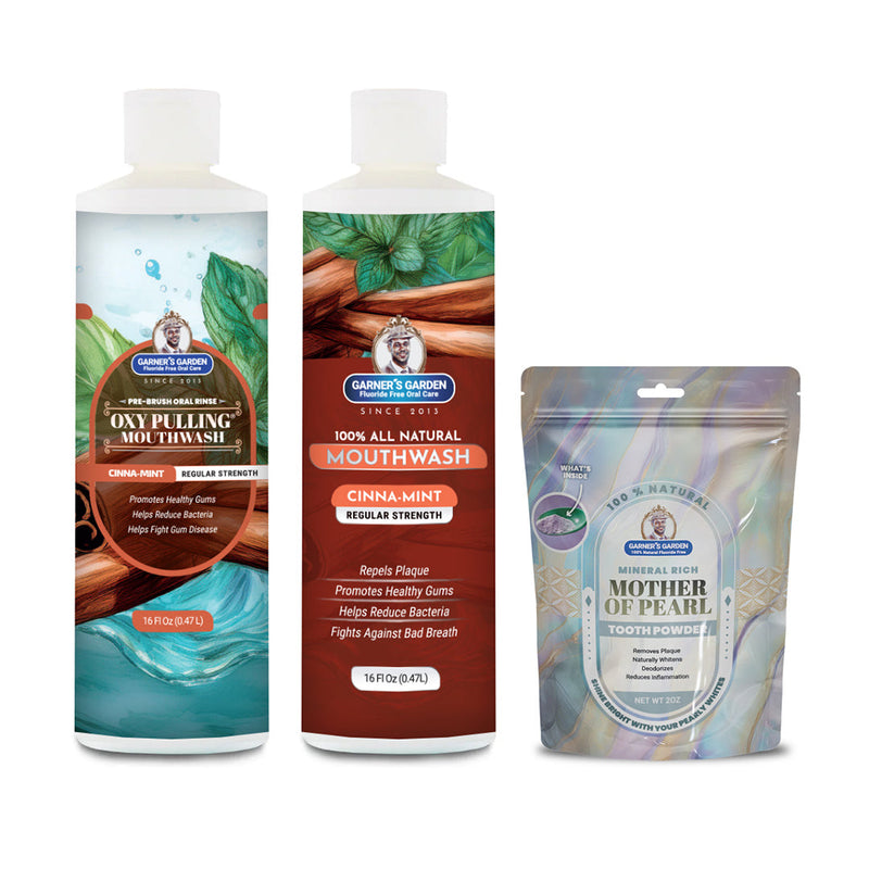 Garner's Garden Oral Care Package | Trio | H2O2 | Fluoride Free Packages White Smoke Regular Cinnamint / 2 oz Mother of Pearl Tooth Powder