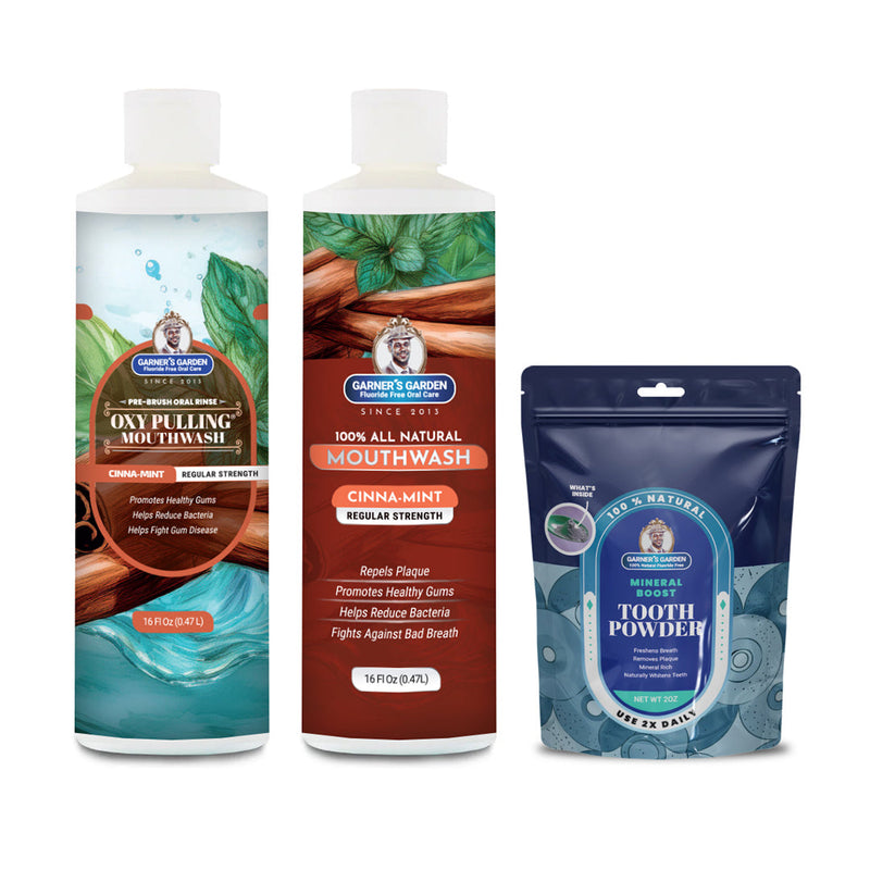 Garner's Garden Oral Care Package | Trio | H2O2 | Fluoride Free Packages White Smoke Regular Cinnamint / 2 oz Regular Tooth Powder (Mineral Boost/Blue Pouch)
