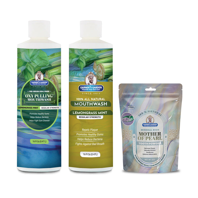 Garner's Garden Oral Care Package | Trio | H2O2 | Fluoride Free Packages White Smoke Regular Lemongrassmint / 2 oz Mother of Pearl Tooth Powder
