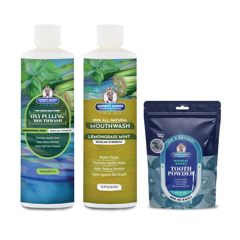 Garner's Garden Oral Care Package | Trio | H2O2 | Fluoride Free Packages White Smoke Regular Lemongrassmint / 2 oz Regular Tooth Powder (Mineral Boost/Blue Pouch)