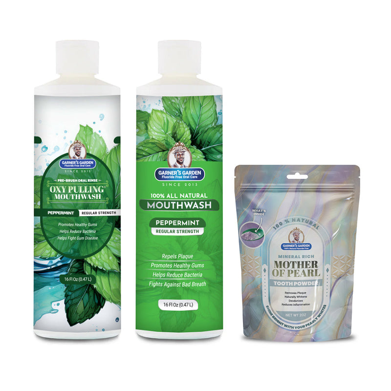 Garner's Garden Oral Care Package | Trio | H2O2 | Fluoride Free Packages White Smoke Regular Peppermint / 2 oz Mother of Pearl Tooth Powder