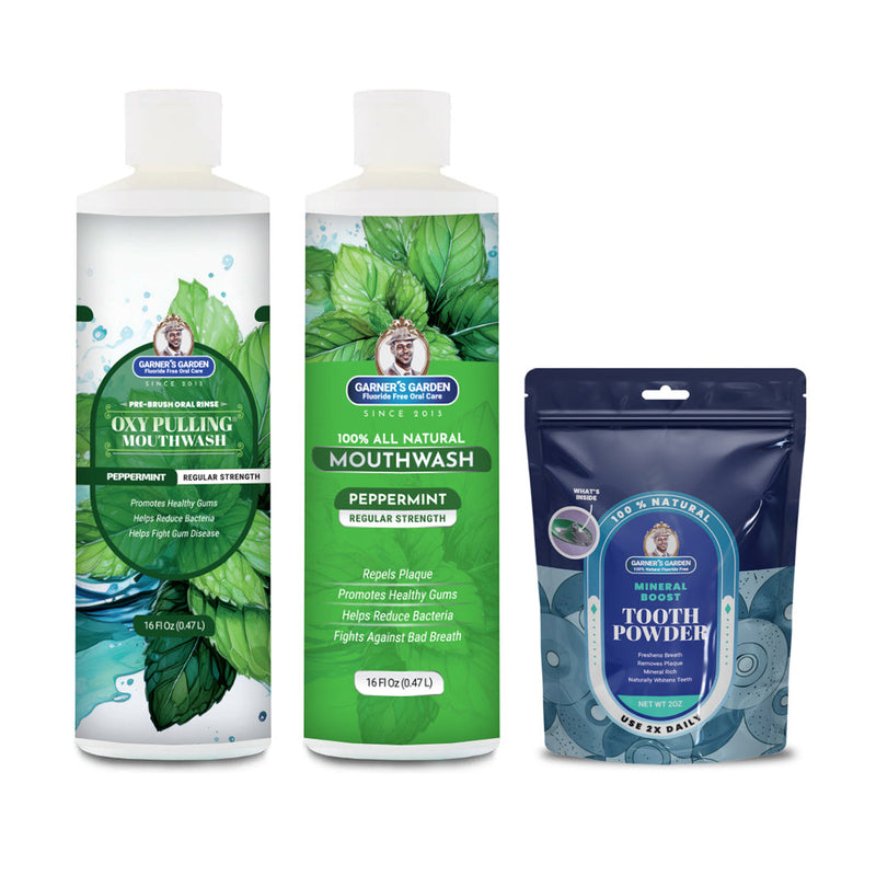 Garner's Garden Oral Care Package | Trio | H2O2 | Fluoride Free Packages White Smoke Regular Peppermint / 2 oz Regular Tooth Powder (Mineral Boost/Blue Pouch)