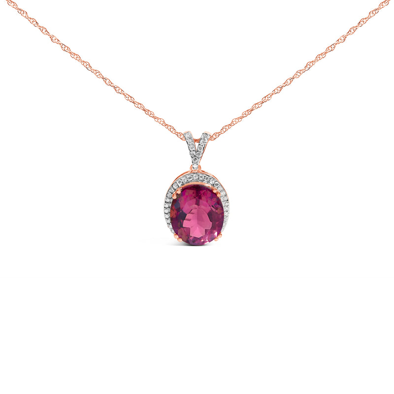 Bids.com 14K Rose Gold Vermeil Sterling Silver 1/5 Cttw Diamond Pink Quartz Oval Pendant Necklace Necklaces