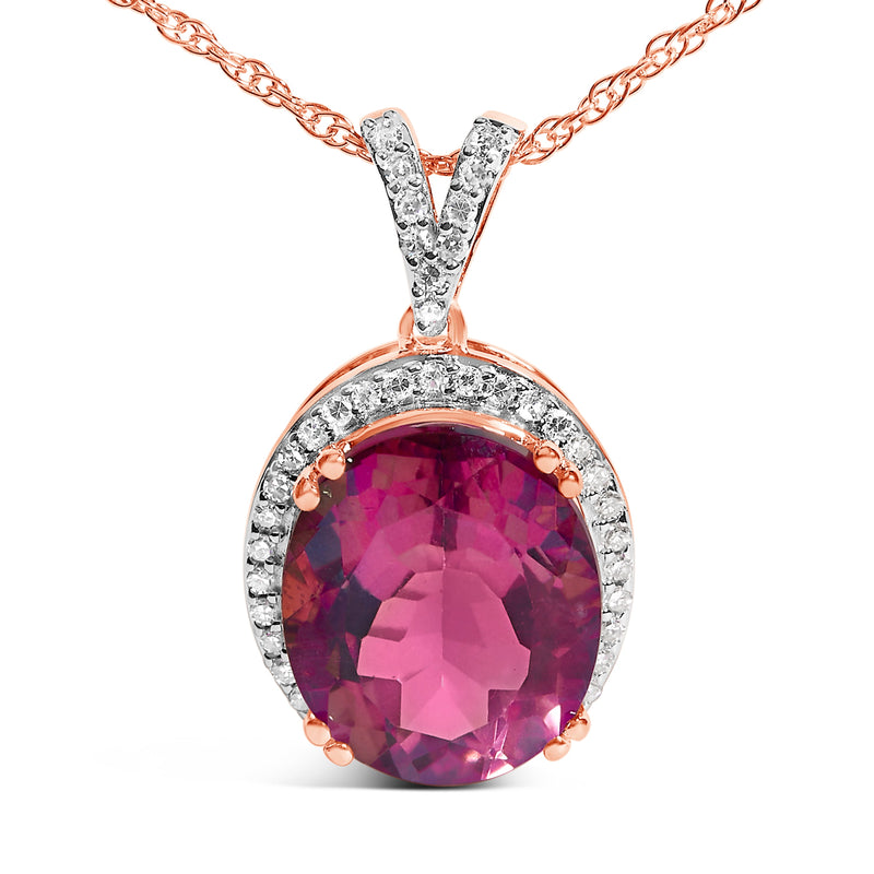 Bids.com 14K Rose Gold Vermeil Sterling Silver 1/5 Cttw Diamond Pink Quartz Oval Pendant Necklace Necklaces