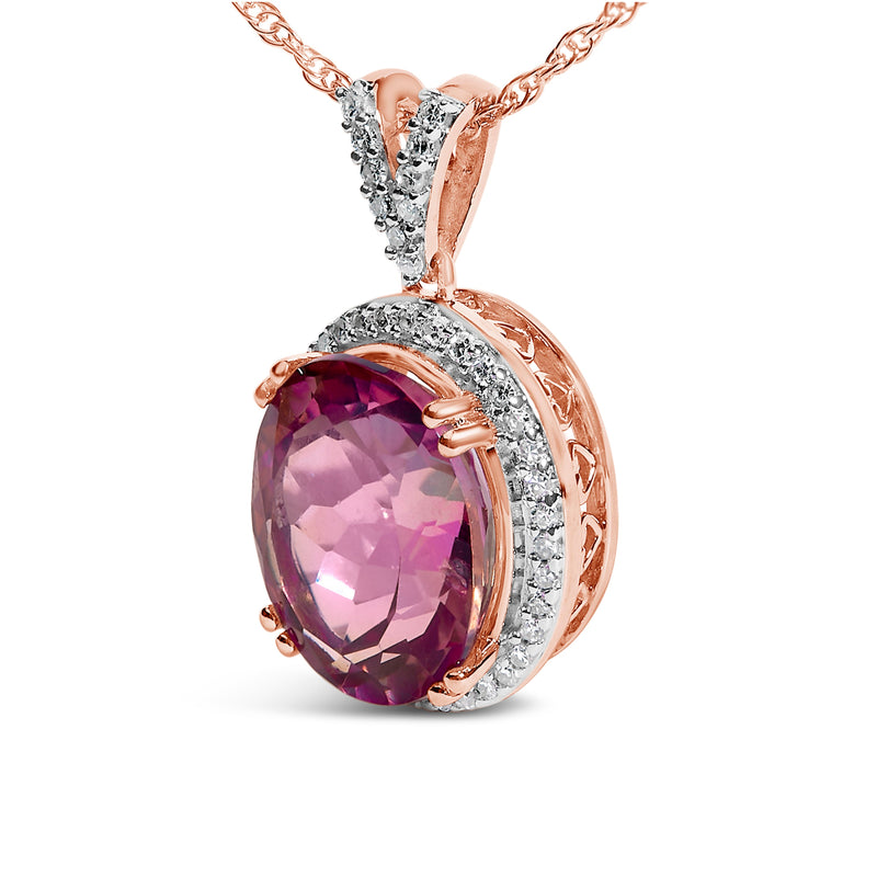 Bids.com 14K Rose Gold Vermeil Sterling Silver 1/5 Cttw Diamond Pink Quartz Oval Pendant Necklace Necklaces