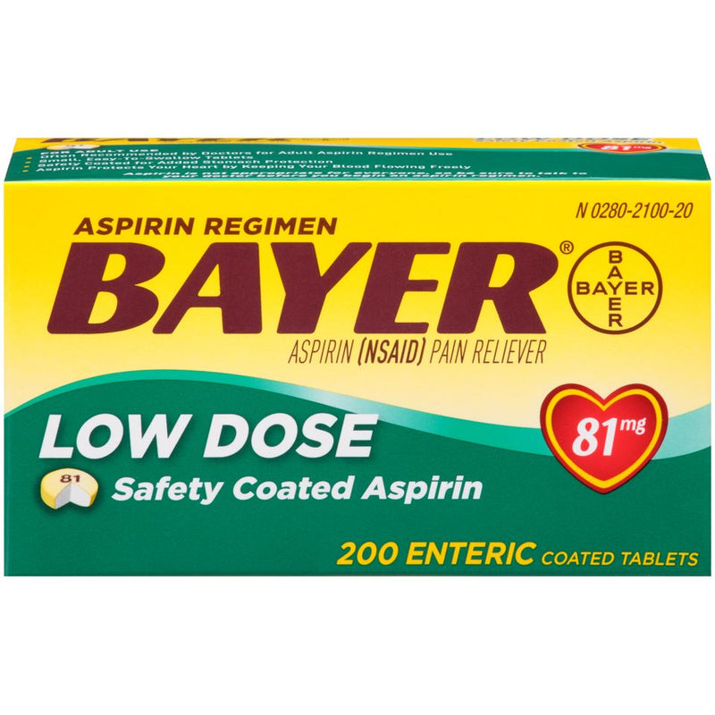 Bayer Bayer Low Dose Aspirin 81mg – Enteric Coated for Stomach Protection – Heart Health Regimen, 200 Tablets Medicine & Drugs Sea Green