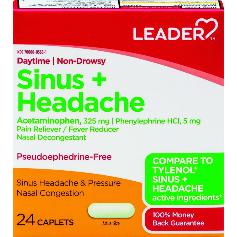 Leader Sinus & Headache Relief – Non-Drowsy Pain Reliever & Decongestant – 24 Caplets