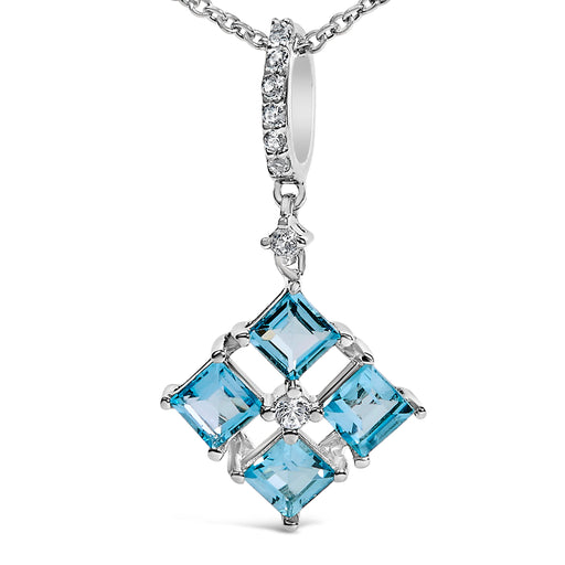 Bids.com Sterling Silver Blue Topaz and White Sapphire Square Motif Pendant Necklace 18 Inch Necklaces