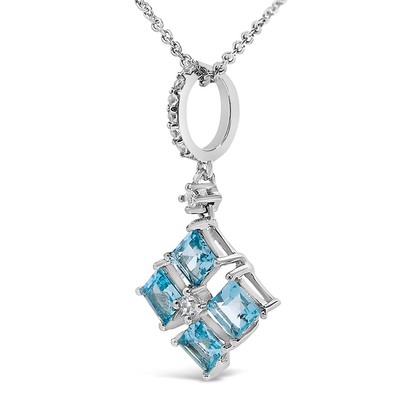 Bids.com Sterling Silver Blue Topaz and White Sapphire Square Motif Pendant Necklace 18 Inch Necklaces