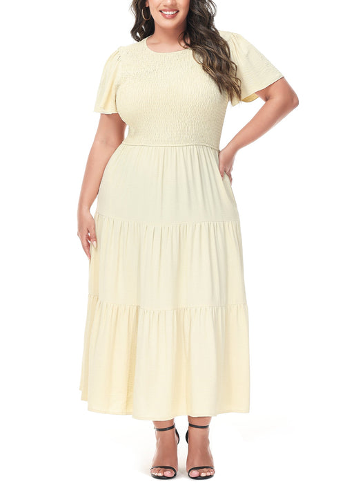 Anna-Kaci Women's Plus Size Casual Round Neck Flutter Short Sleeve Elastic Waist Smocked Tiered Maxi Dress by Anna-Kaci