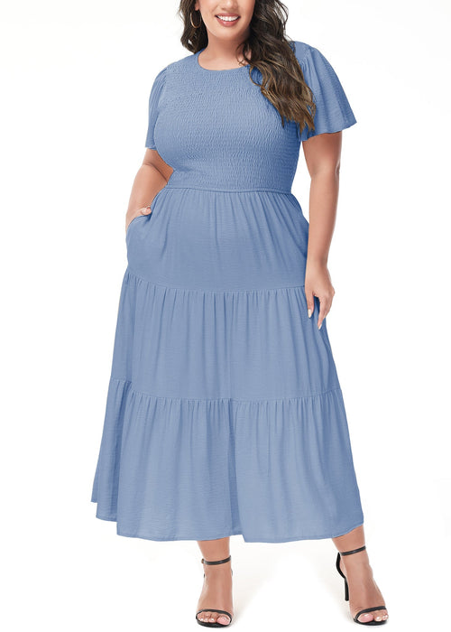 Anna-Kaci Women's Plus Size Casual Round Neck Flutter Short Sleeve Elastic Waist Smocked Tiered Maxi Dress by Anna-Kaci