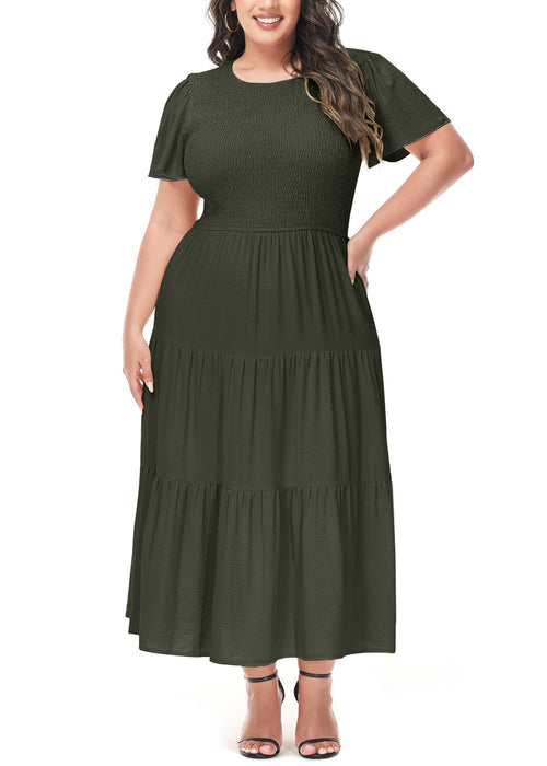 Anna-Kaci Women's Plus Size Casual Round Neck Flutter Short Sleeve Elastic Waist Smocked Tiered Maxi Dress by Anna-Kaci