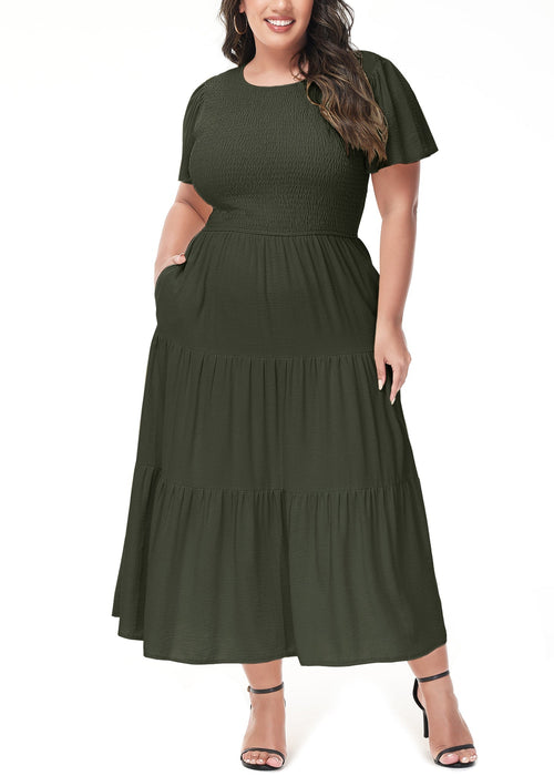 Anna-Kaci Women's Plus Size Casual Round Neck Flutter Short Sleeve Elastic Waist Smocked Tiered Maxi Dress by Anna-Kaci