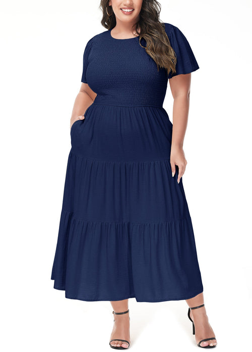 Anna-Kaci Women's Plus Size Casual Round Neck Flutter Short Sleeve Elastic Waist Smocked Tiered Maxi Dress by Anna-Kaci