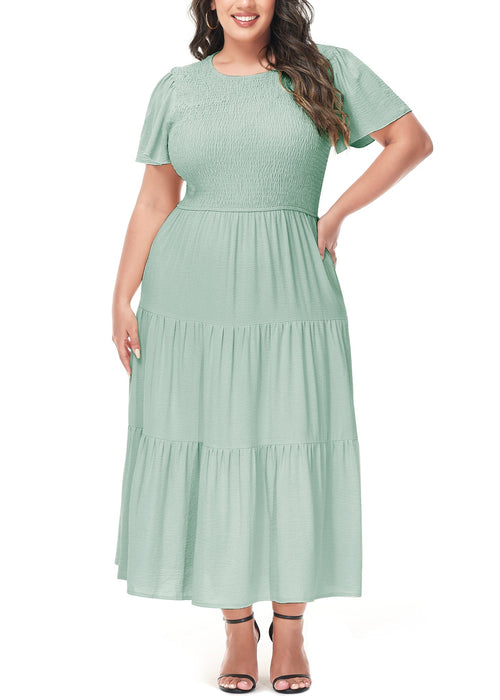 Anna-Kaci Women's Plus Size Casual Round Neck Flutter Short Sleeve Elastic Waist Smocked Tiered Maxi Dress by Anna-Kaci