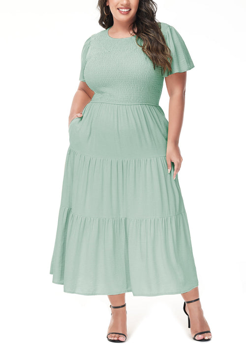 Anna-Kaci Women's Plus Size Casual Round Neck Flutter Short Sleeve Elastic Waist Smocked Tiered Maxi Dress by Anna-Kaci