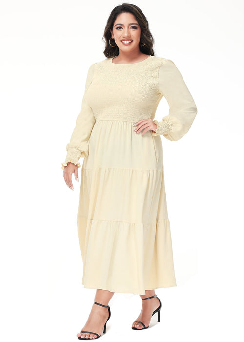 Anna-Kaci Women's Plus Size Casual Poet Long Sleeve Smocked Dress Crewneck Flowy Tiered Midi Dress by Anna-Kaci