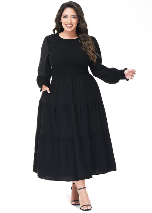 Anna-Kaci Women's Plus Size Casual Poet Long Sleeve Smocked Dress Crewneck Flowy Tiered Midi Dress by Anna-Kaci