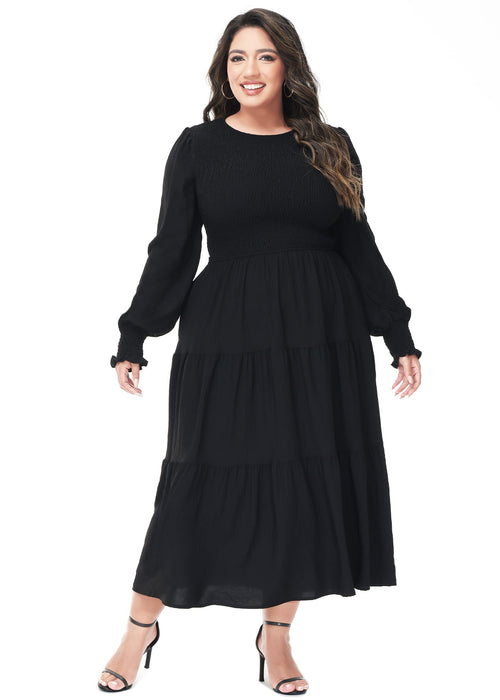 Anna-Kaci Women's Plus Size Casual Poet Long Sleeve Smocked Dress Crewneck Flowy Tiered Midi Dress by Anna-Kaci