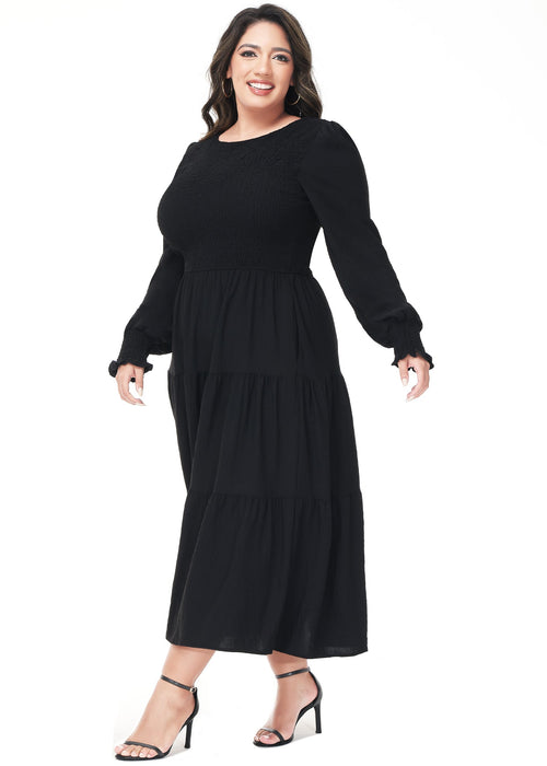 Anna-Kaci Women's Plus Size Casual Poet Long Sleeve Smocked Dress Crewneck Flowy Tiered Midi Dress by Anna-Kaci