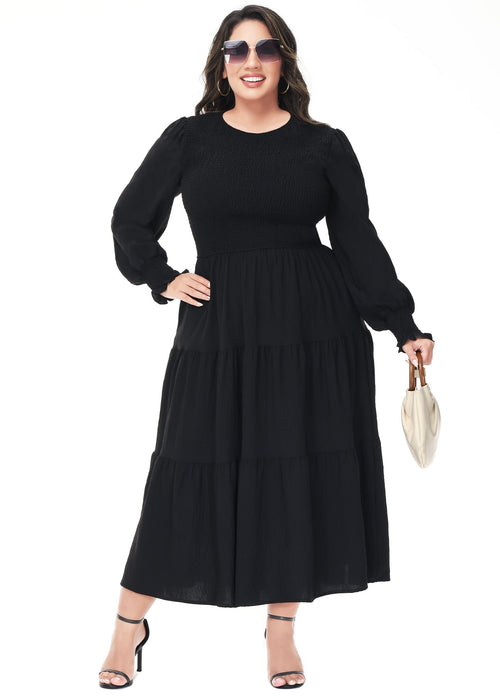 Anna-Kaci Women's Plus Size Casual Poet Long Sleeve Smocked Dress Crewneck Flowy Tiered Midi Dress by Anna-Kaci