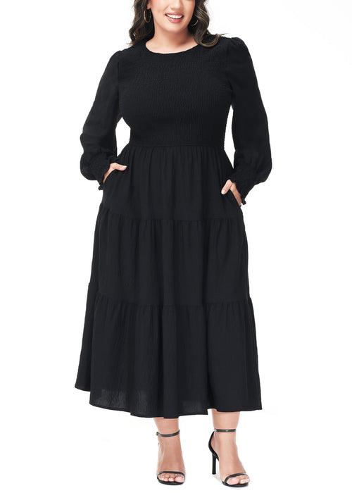 Anna-Kaci Women's Plus Size Casual Poet Long Sleeve Smocked Dress Crewneck Flowy Tiered Midi Dress by Anna-Kaci