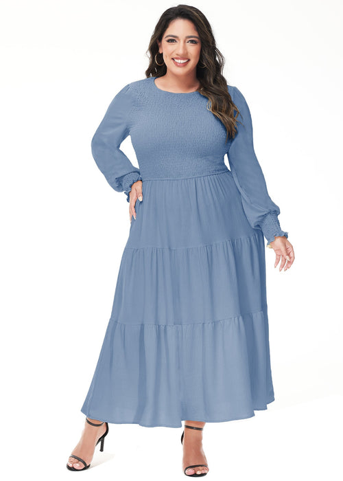 Anna-Kaci Women's Plus Size Casual Poet Long Sleeve Smocked Dress Crewneck Flowy Tiered Midi Dress by Anna-Kaci