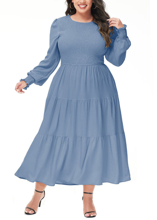 Anna-Kaci Women's Plus Size Casual Poet Long Sleeve Smocked Dress Crewneck Flowy Tiered Midi Dress by Anna-Kaci