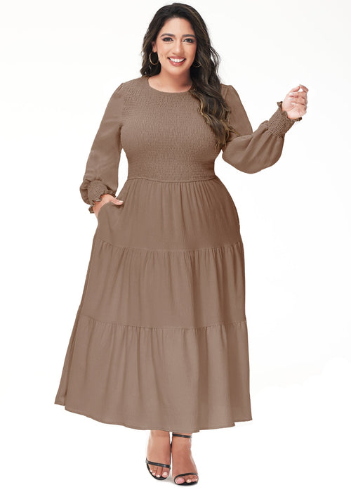 Anna-Kaci Women's Plus Size Casual Poet Long Sleeve Smocked Dress Crewneck Flowy Tiered Midi Dress by Anna-Kaci