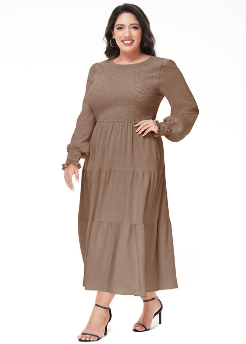 Anna-Kaci Women's Plus Size Casual Poet Long Sleeve Smocked Dress Crewneck Flowy Tiered Midi Dress by Anna-Kaci