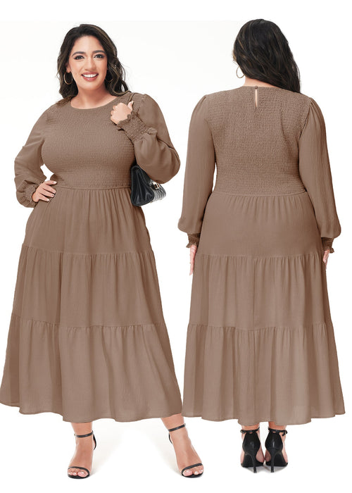 Anna-Kaci Women's Plus Size Casual Poet Long Sleeve Smocked Dress Crewneck Flowy Tiered Midi Dress by Anna-Kaci