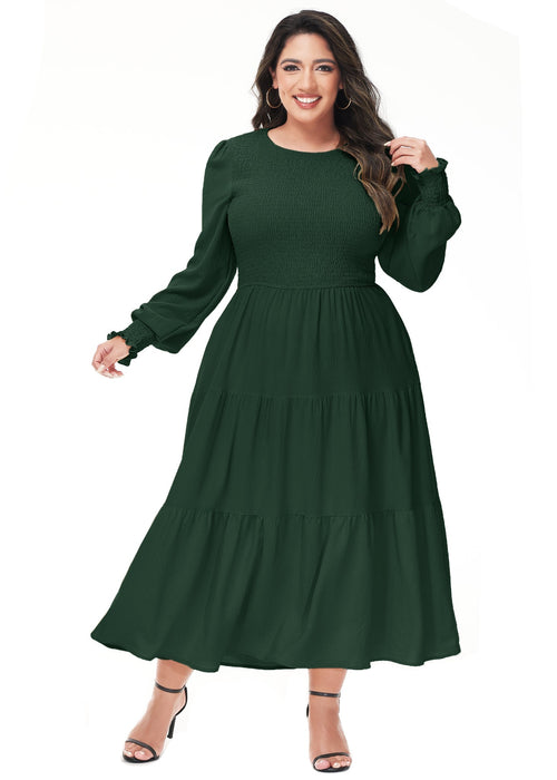 Anna-Kaci Women's Plus Size Casual Poet Long Sleeve Smocked Dress Crewneck Flowy Tiered Midi Dress by Anna-Kaci