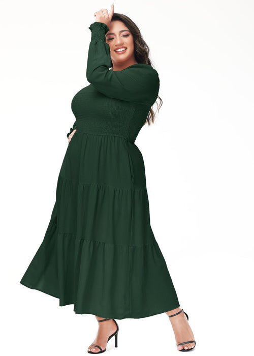 Anna-Kaci Women's Plus Size Casual Poet Long Sleeve Smocked Dress Crewneck Flowy Tiered Midi Dress by Anna-Kaci